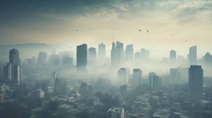 city shrouded in haze, indicating severe air pollution generative ai