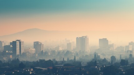 Fototapeta premium cityscape with a dense layer of smog, indicating severe air pollution generative ai