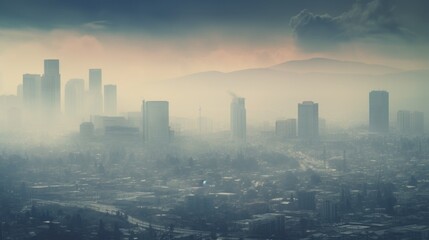 cityscape with a dense layer of smog, indicating severe air pollution generative ai