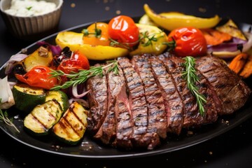 Fried beef steak with grilled vegetables served on a black plate