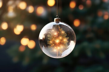 transparent christmas ball with shiny lights hanging