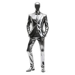 Fototapeta na wymiar Personnage habillé en costume entièrement chromé - fond transparent