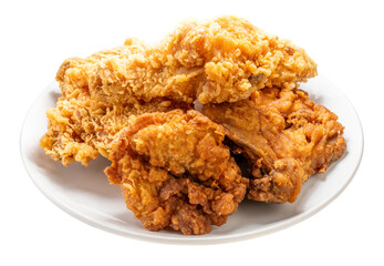 Fried chicken drumsticks on white, Fried chicken in white plate isolated on white background png file.