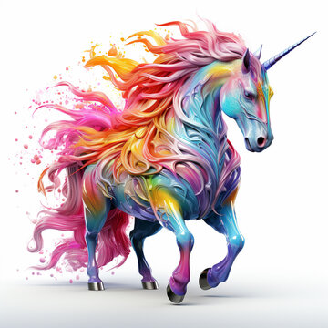 colorful unicorn isolated on white, 3d render image, in the style of spray painted realism,
