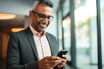 Senior Businessman in a Modern Urban Setting: A mature, smiling, and tech-savvy black man walking in the city, confidently using his smartphone for work-related tasks and staying connected - obrazy, fototapety, plakaty