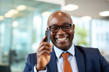 African Senior Businessman in a Modern Urban Setting: A mature, smiling, and tech-savvy black man walking in the city, confidently using his smartphone for work-related tasks and staying connected