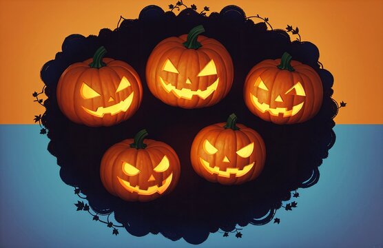 Pumpkins. Halloween pumpkin. Pumpkins with cut out scary physiognomy. Generative AI.