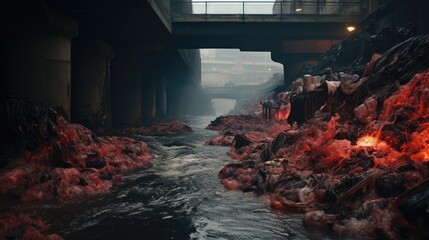 river overrun by industrial waste, a display of water pollution generative ai