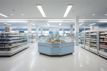 Interior view of a shopping store supermarket, generative AI