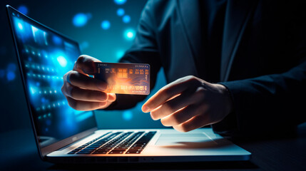 Hands of anonymous hacker holding credit card and using laptop computer. Cyber criminal. Cybersecurity concept
