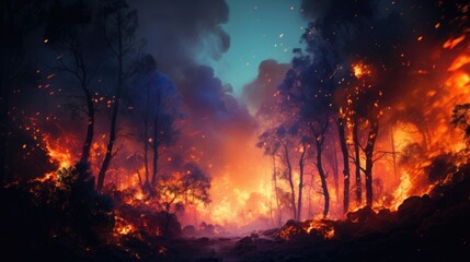 Fototapeta na wymiar wildfire raging in a forest, a direct result of prolonged dry seasons and climate change generative ai