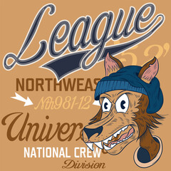 Illustration Wolf hipster cartoon tattoo with Text League University Patchwork embroidered College Design style.