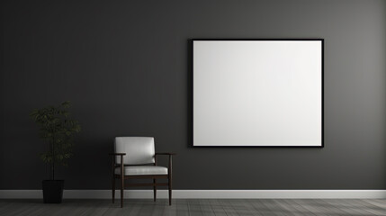 A minimalistic room in muted colors, a chair and an empty picture frame.