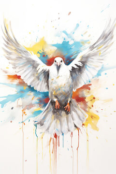 Flying white dove - symbol for peace. Watercolor bird illustration. Generative AI.