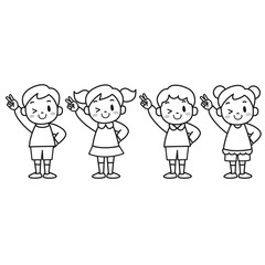 ピースサインをする笑顔の子どもたち