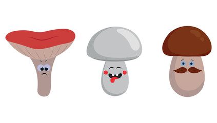Cartoon funny vector mushrooms illustration. Kids autumn set. Botanical forest design