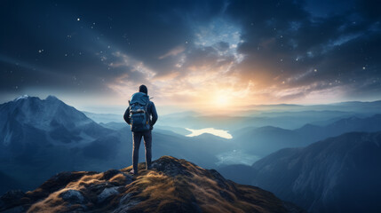 A hiker standing alone on top of a mountain at dusk, enjoying his adventure, his climbing success and freedom, looking towards the horizon as the sun sets - Powered by Adobe