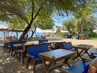 Cafe tables under the trees on Dekel Beach
