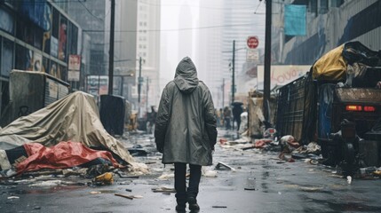 A homeless man walking through a dirty street. Seen from behind.