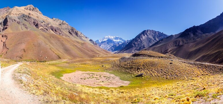 Scenic Andes Mountain Range, Mount Aconcagua Provincial Park Panoramic Landscape.  Horcones Climbing Route, Mendoza Argentina