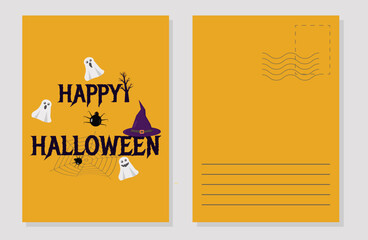 A postcard template for the Halloween holiday. Ghosts, spiders and a witchs hat. Design concept. Vector flat illustration.