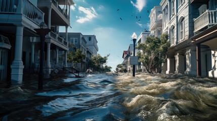 coastal city experiencing flooding due to sea level rise, a sign of climate change generative ai