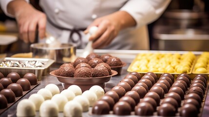 skilled chocolatier making chocolates in a sweet-smelling kitchen generative ai