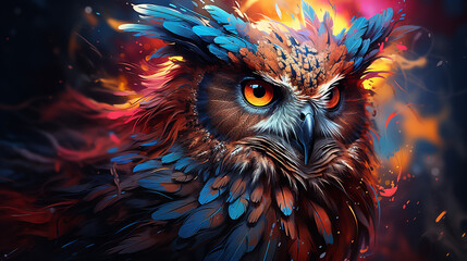 Fantasy illustration of a beautiful owl on a dark background with fire