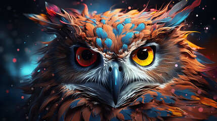 Fantasy illustration of a beautiful owl on a dark background with fire