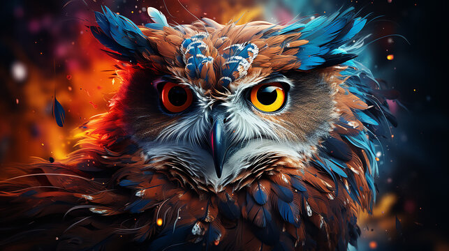 Fantasy illustration of a beautiful owl on a dark background with fire