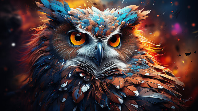 Fantasy illustration of a beautiful owl on a dark background with fire