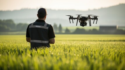 professional drone operator controlling a drone in a field generative ai - obrazy, fototapety, plakaty