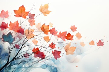 Obraz na płótnie Canvas A whimsical design of autumn leaves blowing in the wind, cheerful colors, white background. Generative AI. 