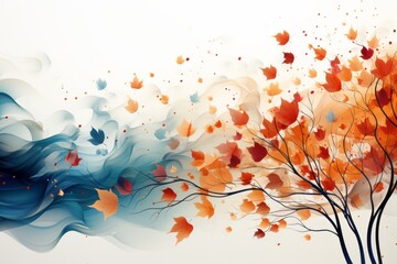 A whimsical design of autumn leaves blowing in the wind, cheerful colors, white background. Generative AI. 