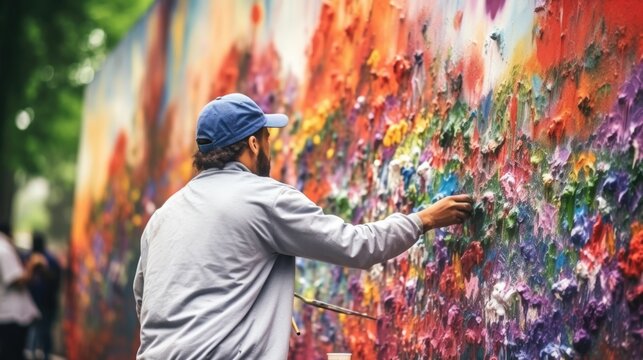 graffiti artist painting a mural on a city wall generative ai