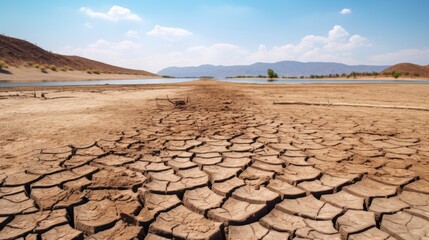 Fototapeta premium lake dried up due to excessive heat, indicative of climate change generative ai
