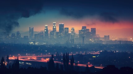 smoggy city lights at night, showcasing the issue of light pollution generative ai