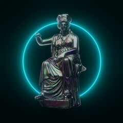 Classic bronze statue background concept. Neon style background. Classic sculpture with neon color distortion and colored lights. 3d render.