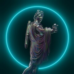 3D illustration of a Greek God Apollo with a neon halo around the head.