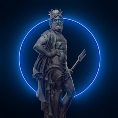 Fototapeta na wymiar Neptune sculpture 3D Rendering 80s Retro Vaporwave Statue and Neon Light