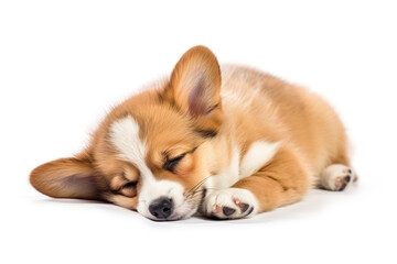 Cute Puppy Corgi Pembroke sleepy isolated on white background. 