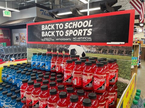 IGA Grocery store powerade display back to school top view