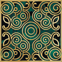 Marble art Deco spiral shapes pattern with gold square frame . Luxury ornamental grunge floral  background. Seamless marbled emerald green vector pattern. Modern textured ornament. Spiral, circles