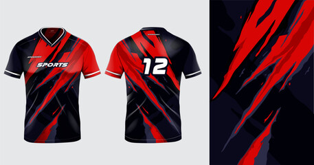 Sport jersey template mockup grunge abstract design for football soccer, racing, gaming, black, red color