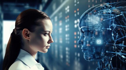 Futuristic digital technology female and robot face, digital smart world metaverse concept AI