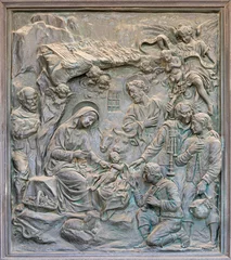Meubelstickers NAPLES, ITALY - APRIL 22, 2023:  The bronze relief of Adoration of Shepherds on the gate of church Basilica dell Incoronata Madre del Buon Consiglio from 20. cent. © Renáta Sedmáková