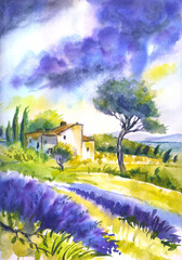 Watercolor landscape with house and lavender field - 638201361