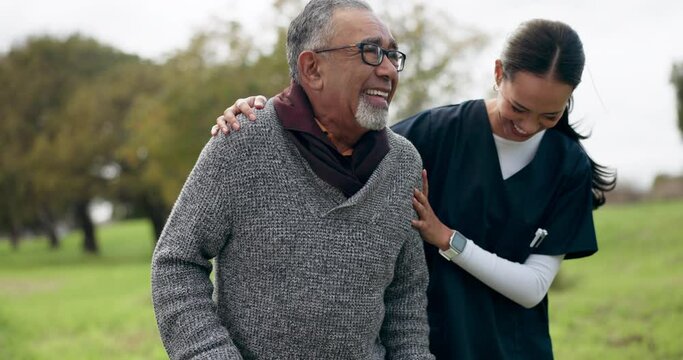 Healthcare, smile and old man with nurse in park for walk together with help, support and nature. Senior care, elderly patient and happy woman caregiver in conversation garden for fresh air or physio
