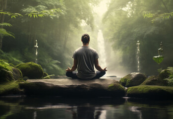 ai generative photo of a man practicing mindfulness and meditation in a peaceful natural environment sony A7s realistic image, ultra hd, high design very detailed
