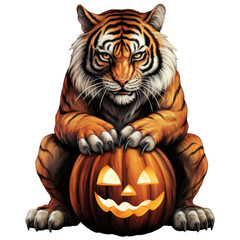 Whimsical Halloween Tiger and Pumpkin Watercolor, Spooky Fantasy Animal, Autumn Season. Isolated on Transparent Background. Generative AI